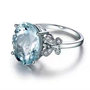 Sterling Silver Lt Blue Aquamarine Diamond Butterfly Ring